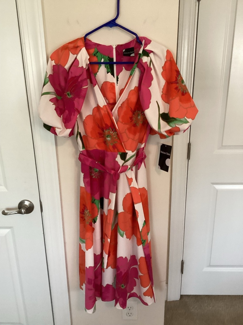 Mason Tara Puff Sleeve Floral Printed Midi Dress, Size 4
